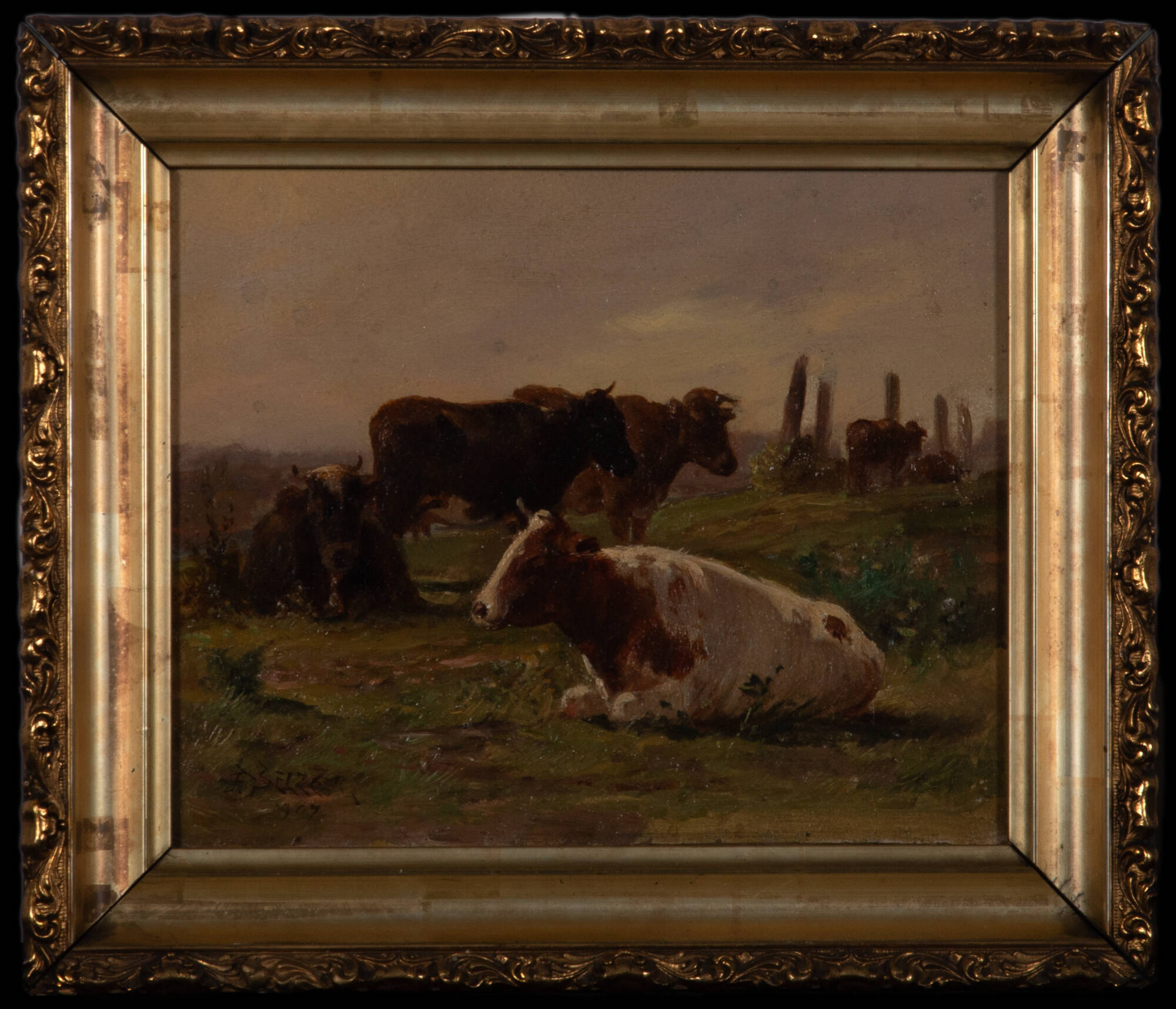 Painting of multiple cows in a pasture.